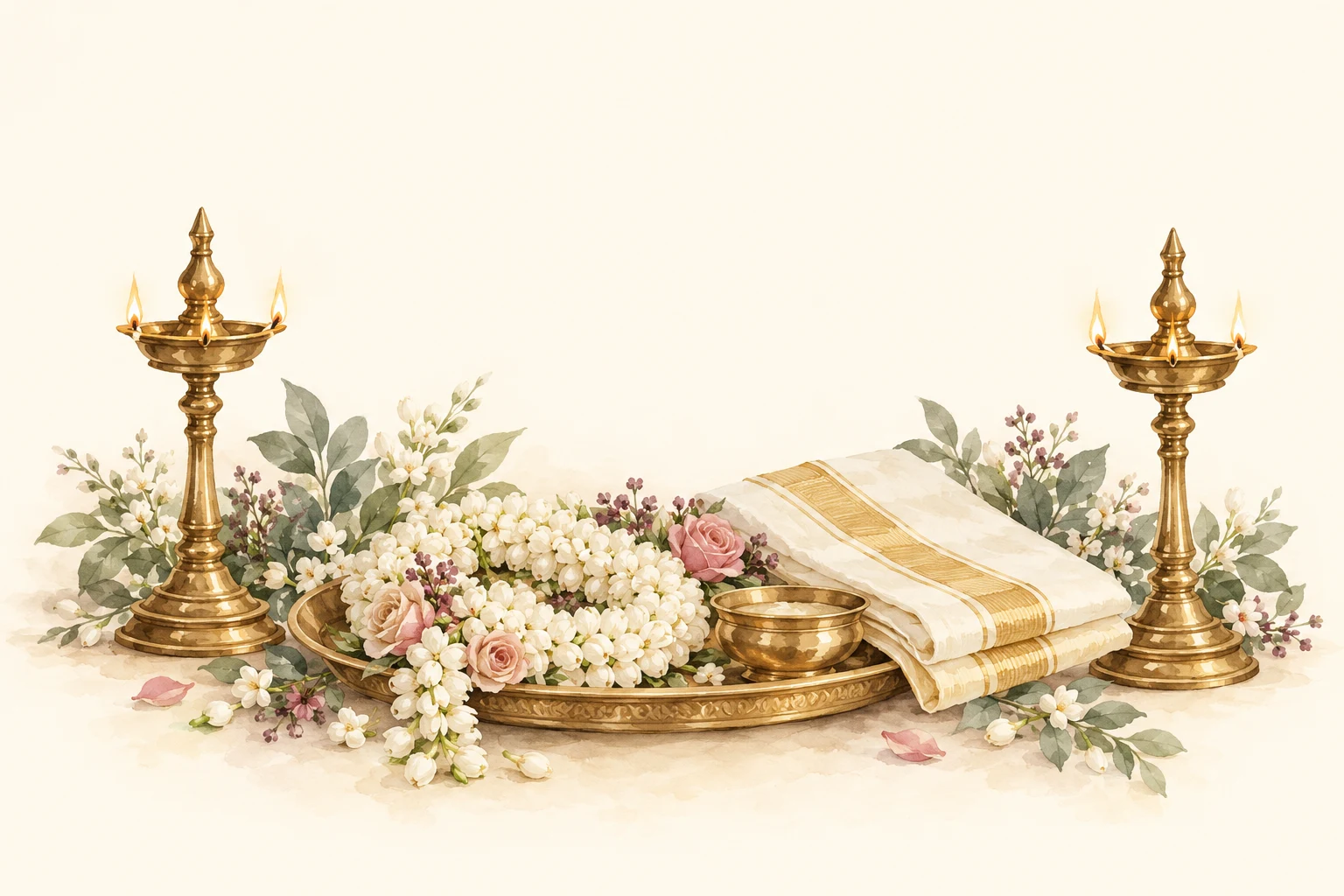 Watercolor brass wedding lamps, jasmine garlands and ivory kasavu silk