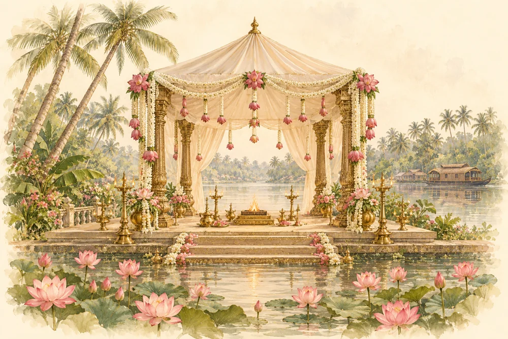 Watercolor wedding pavilion beside a Kerala lotus pond