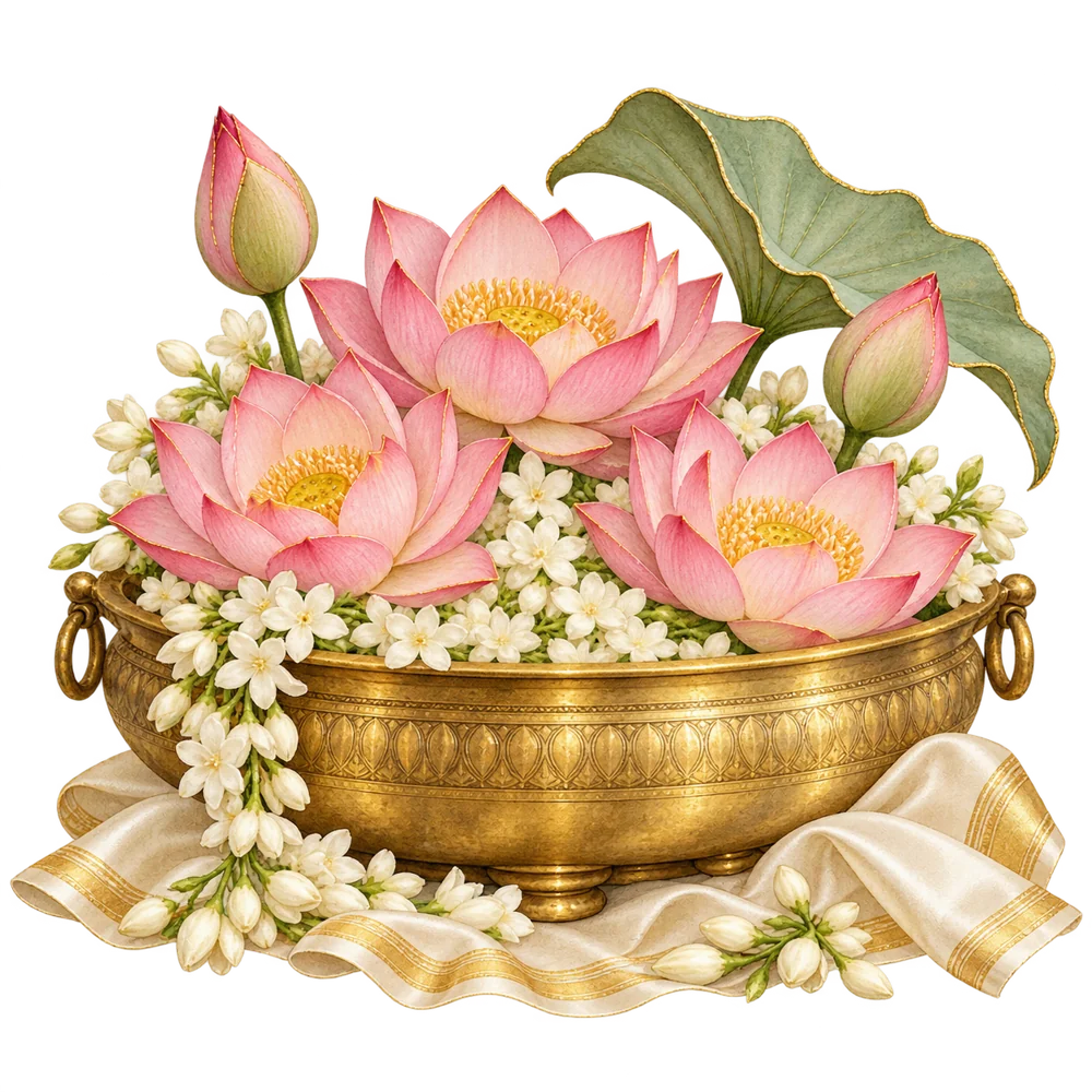 Pink lotus flowers and jasmine in a golden brass uruli