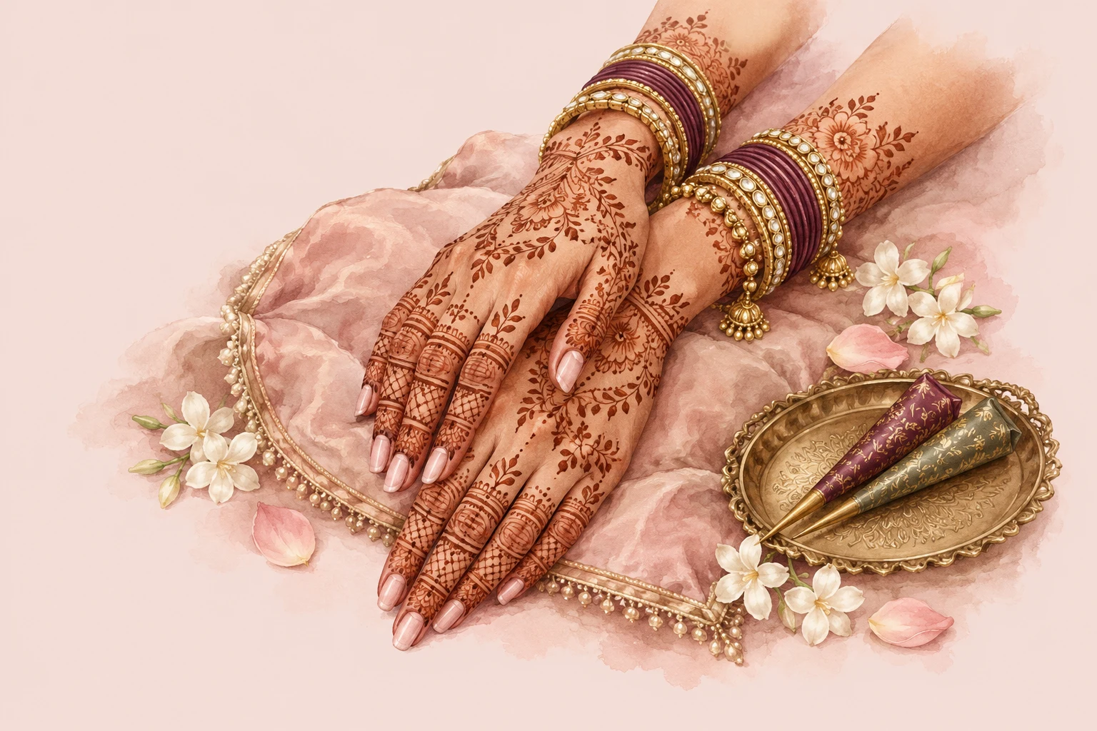 Watercolor bridal hands with intricate mehndi, gold bangles and henna cones