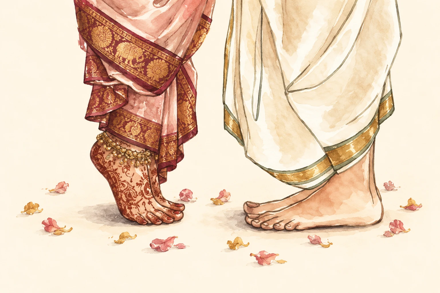 Watercolor of the bride’s mehndi-adorned feet and the groom’s feet, with blush silk and ivory kasavu attire